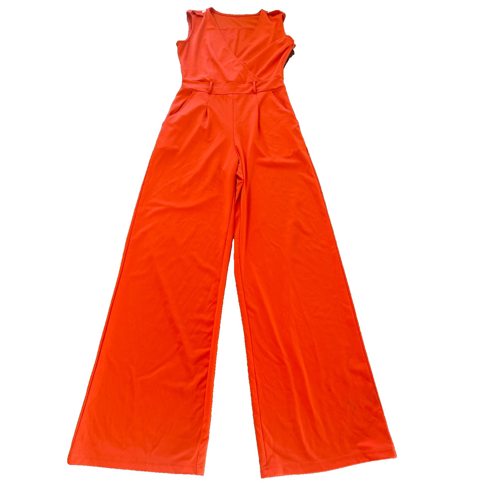 Romper Jumpsuit Orange Wide Leg V-Neck Gold Button Women's SZ M Summer Retro